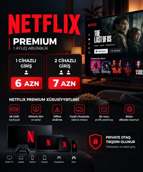 Netflix Premium 1 Aylıq Abunəlik 4K UHD Keyfiyyət (-dən Başlaya — Bakı