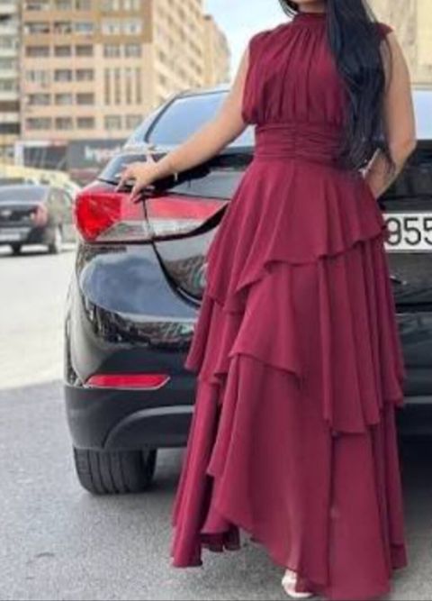Bordo rəngli zərif ziyafət geyimi - Model: Uzun, çoxqatlı ətək — Xırdalan