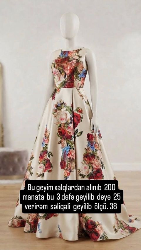 Güllü naxışlı, ətəyi geniş uzun ziyafət donu. - Parça: atlasabənzər — Bakı