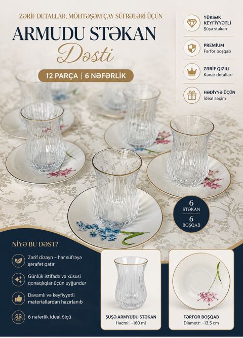 Armudu stəkan dəsti Dame Marine, şüşə/farfor, 12 parça, 160 ml — Bakı