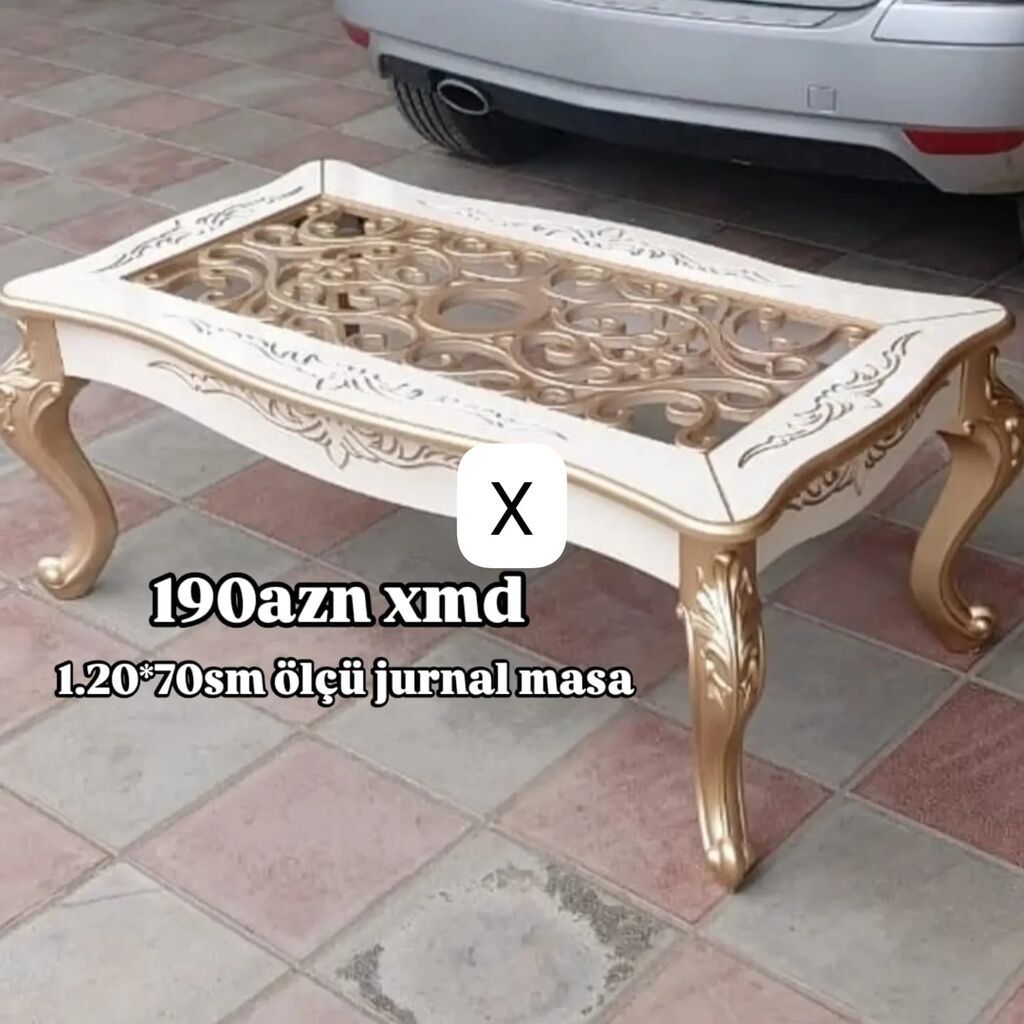 Jurnal masa – klassik üslubda, ağ və qızılı tonlarda dekor. Üst — Masalar, Bakı