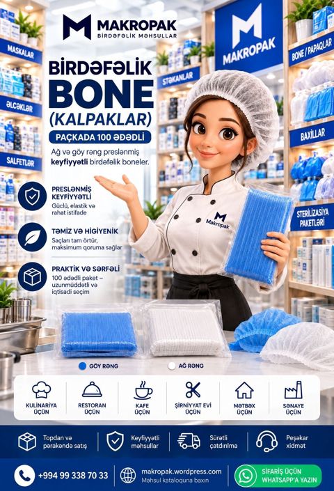 Birdəfəlik Bone (Kalpaklar) Qida və xidmət sahələrində gigiyenanı — Спорт, хобби, отдых