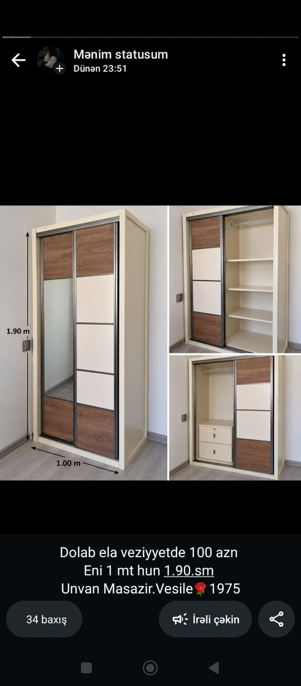 077 613 12 74 Sürgülü qapılı paltar dolabı - Ölçü: hündürlük 1.90 m — Şkaflar, Bakı