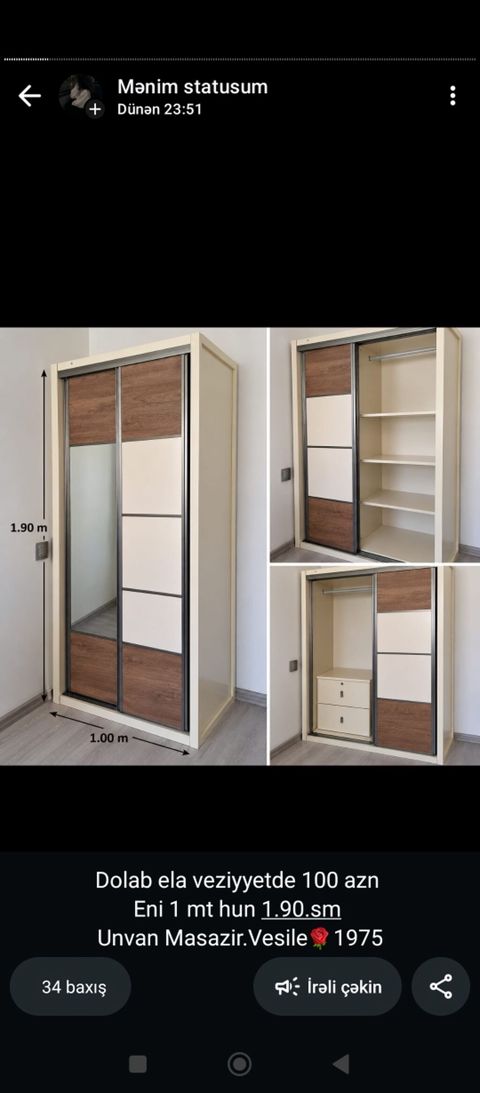 077 613 12 74 Sürgülü qapılı paltar dolabı - Ölçü: hündürlük 1.90 m — Bakı