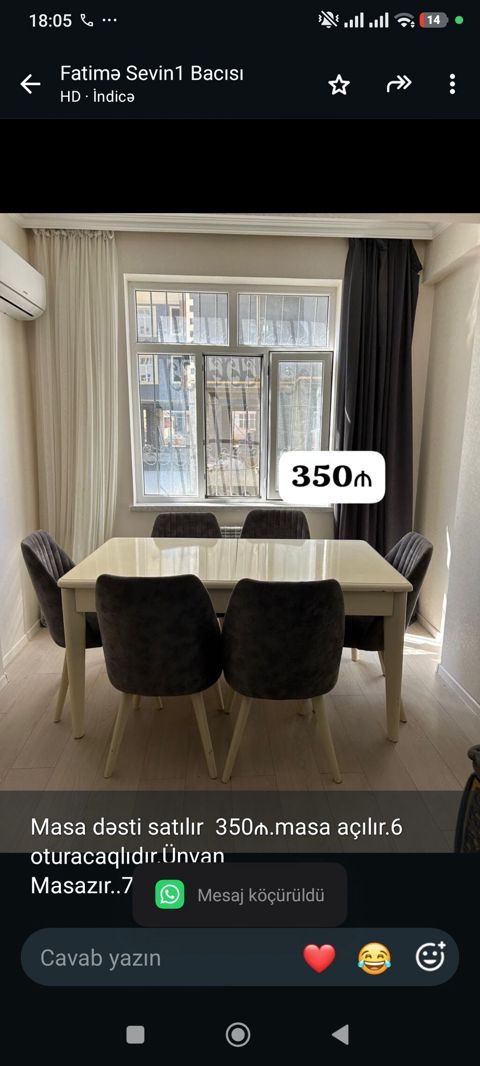 Masa dəsti satılır 350₼.masa açılır.6 oturacaqlıdır.Ünvan — Bakı