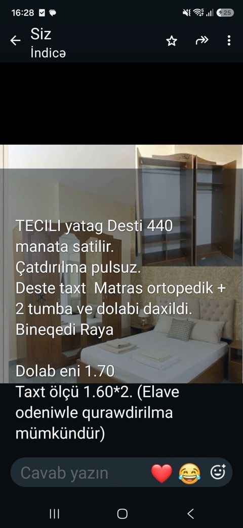 Yataq dəsti – tam komplekt Tərkib: - Taxt 1.60 2.00 m - Ortopedik — Sumqayıt