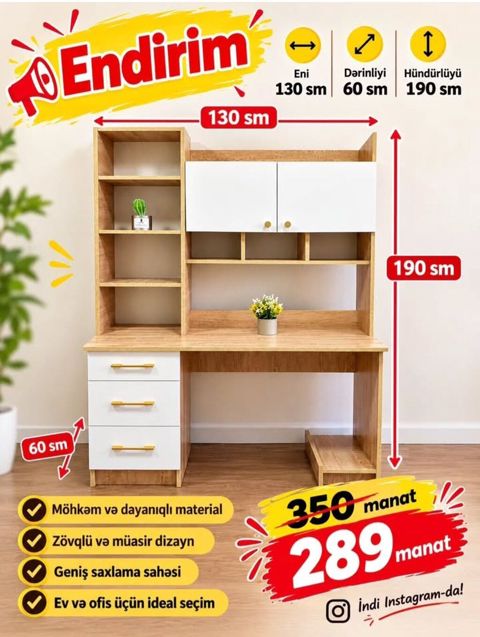 Düz masa, Stulsuz, Polkalı, Siyirməli, Sadə laminat — Bakı