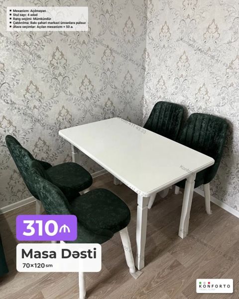 Masa Dəsti – 70×120 sm Komplekt: 1 ədəd masa + 4 ədəd stul — Bakı