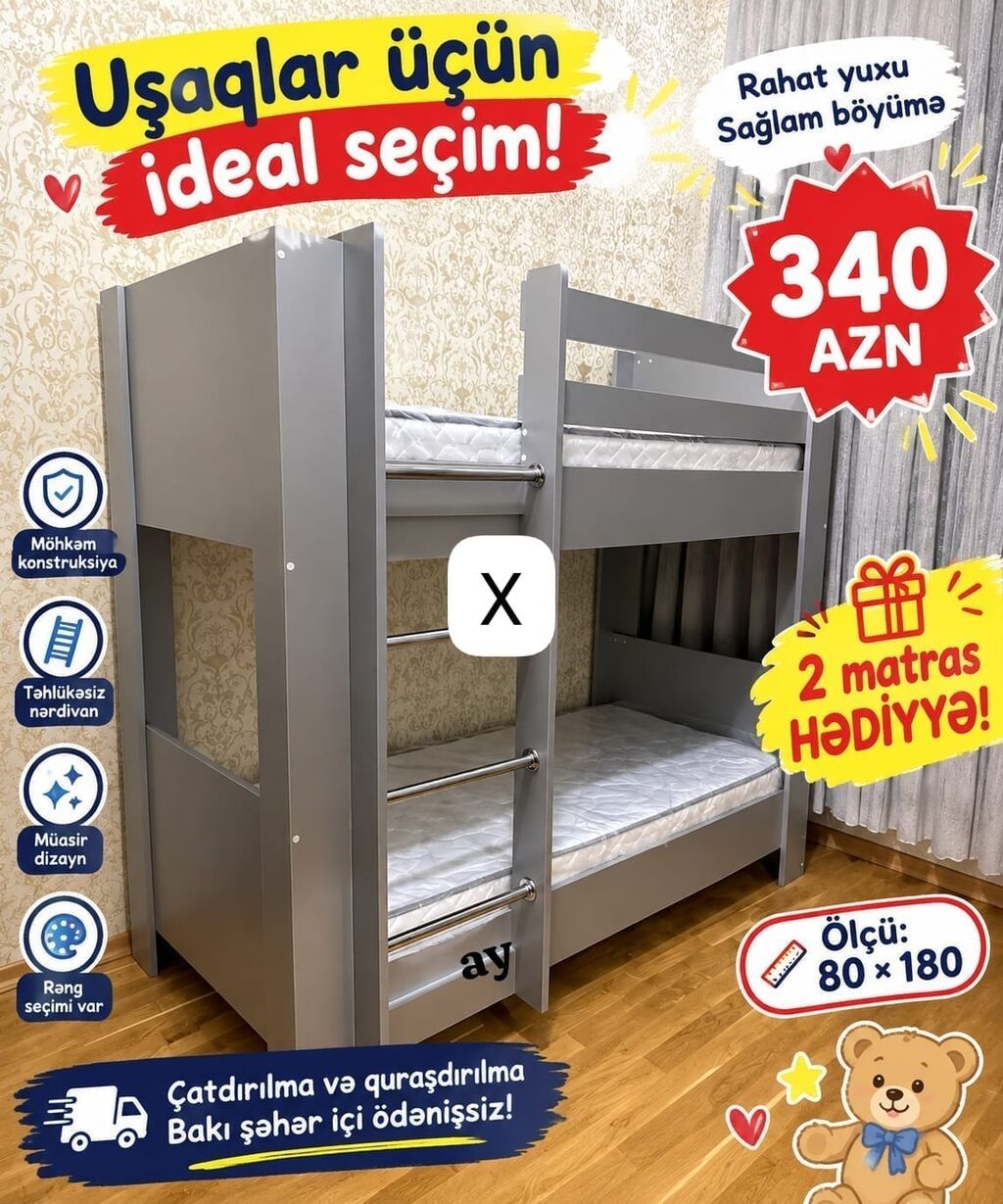 Uşaqlar üçün iki mərtəbəli çarpayı – ideal seçim - Ölçü: 80 x 180 — Yataqlar, Bakı