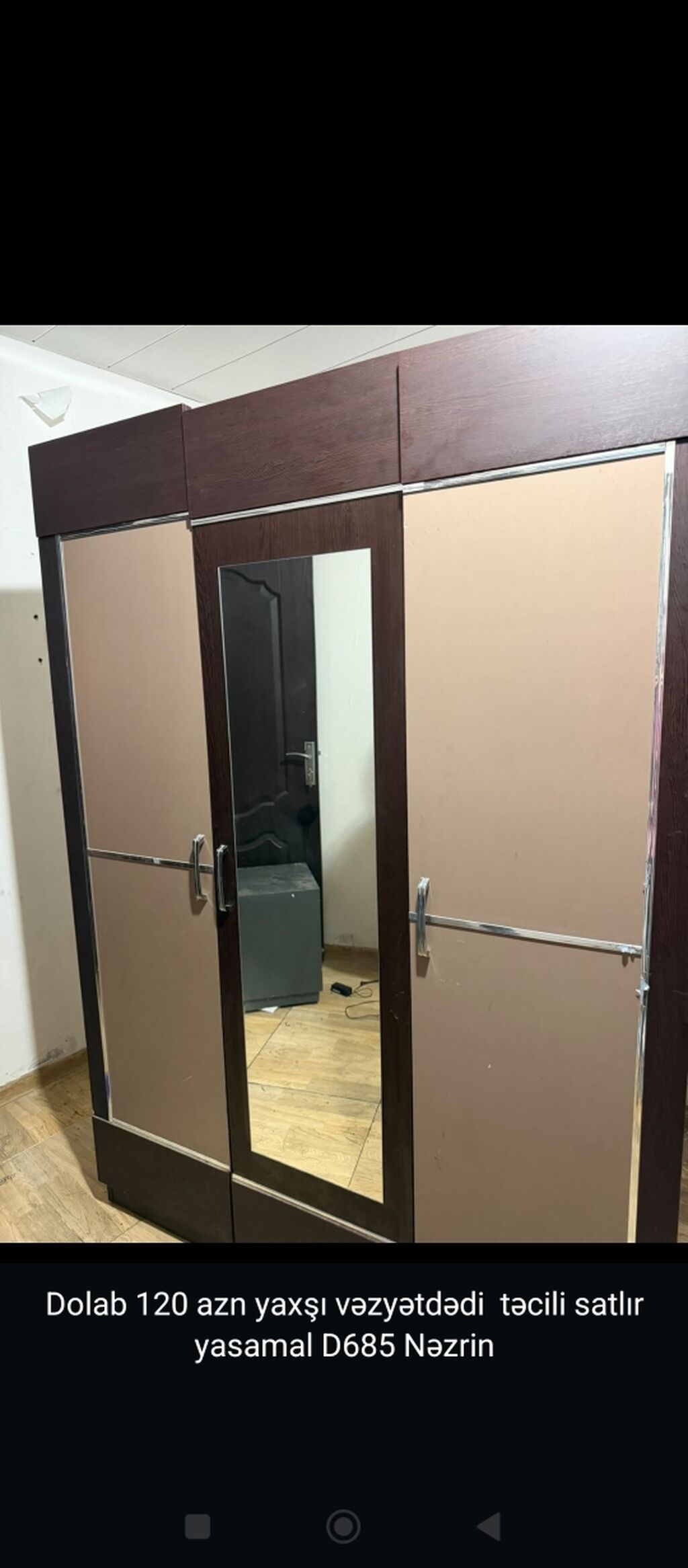 İşlənmiş, 3 qapılı, Güzgülü, Qəhvəyi, Taxta, Açılan, Düz dolab — Şkaflar, Bakı