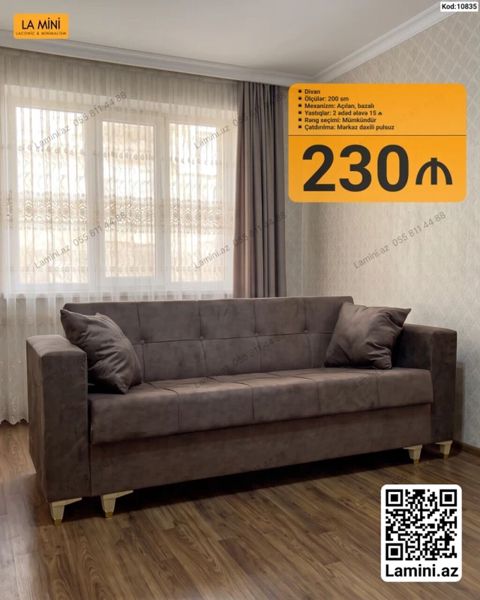 Divan – kod: 10835 - Ölçü: 200 sm - Mexanizm: açılan, bazalı — Bakı