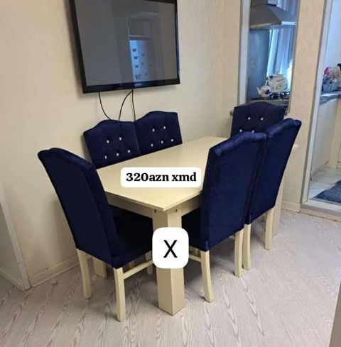 Mətbəx/qonaq otağı üçün masa və 6 ədəd stul dəsti. - Masa: krem — Bakı
