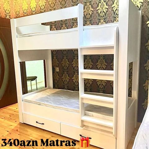 Ağ rəngli ikimərtəbəli uşaq çarpayısı - Kompakt dizayn: yuxarı — Bakı