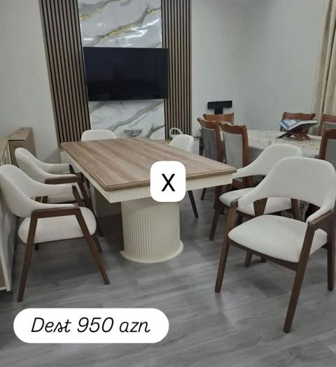 Yemək otağı dəsti - Masa: taxta teksturalı, düzbucaqlı üstlük — Bakı