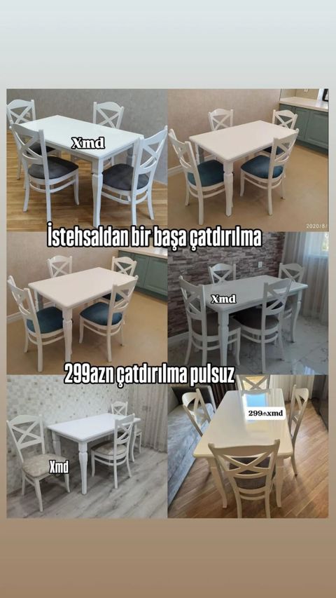 Ağ rəngdə yemək masası dəsti – 1 masa + 4 stul - Klassik dizayn: X — Bakı