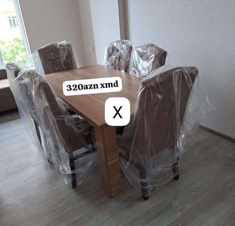 Yemək otağı üçün dəst: - 1 ədəd düzbucaqlı taxta masa - 6 ədəd yumşaq — Bakı