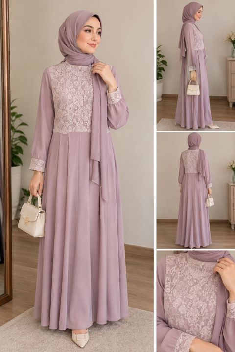Mauve rəngdə zərif hicablı maxi don - Dizayn: Döş və arxa hissədə — Bakı