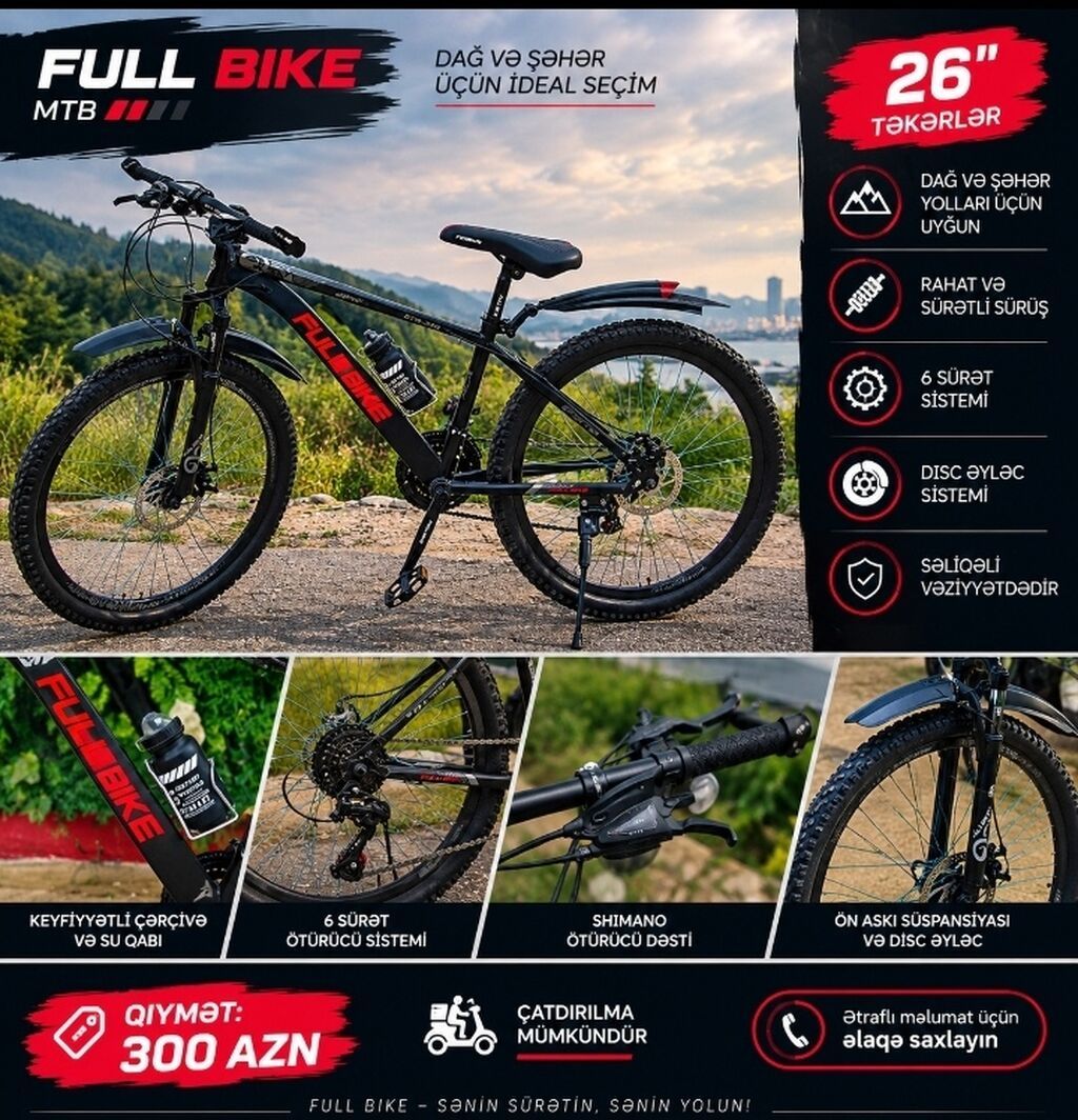Full Bıke Dağ velosiped - 26" təkərlər – dağ və şəhər yolları üçün — Dağ velosipedləri, Bakı