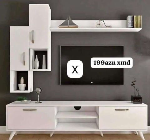 Ağ rəngli müasir TV stendi və divar rəfləri dəsti - Minimalist — Bakı