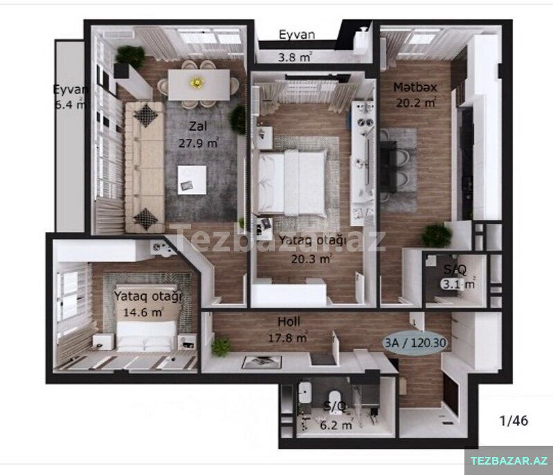 Satılır 3 otaqlı yeni tikili 120.3 m², İnşaatçılar m — Mənzil, Bakı (3)
