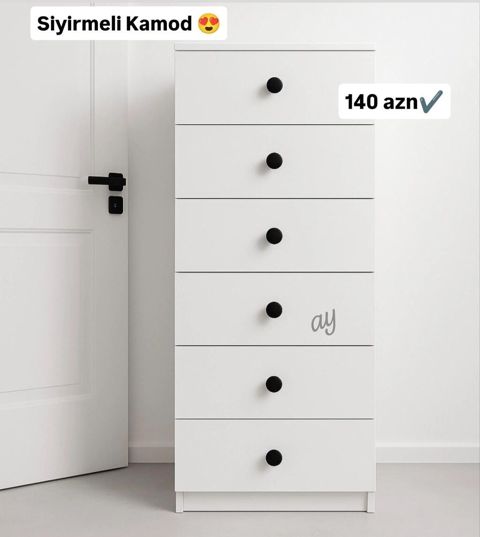 Sıyırməli kamod – 6 çekmecəli, minimal dizayn. - Rəng: ağ, qara düymə — Digah