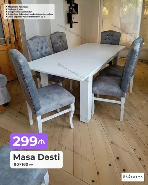 Masa Dəsti – 90×160 sm - Komplekt: 1 ədəd masa + 6 ədəd stul — Bakı