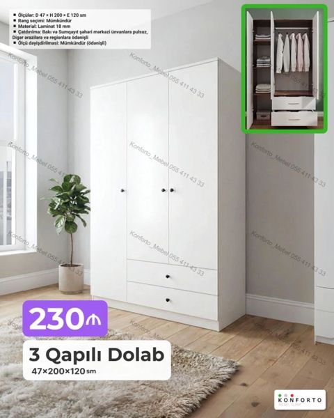 3 qapılı geyim dolabı - Ölçülər: Dərinlik 47 sm Hündürlük 200 sm — Bakı