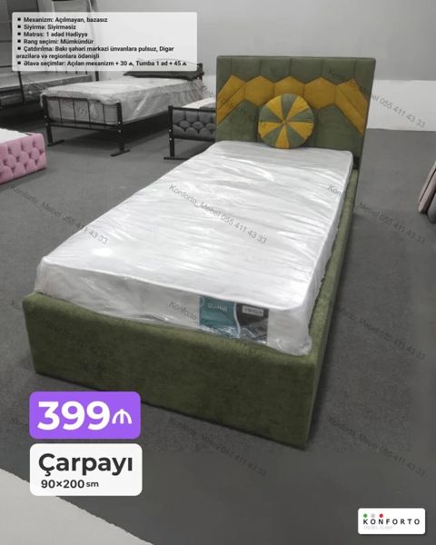 Çarpayı – 90×200 sm - Model: başlıq hissəsi dekorativ naxışlı, yumşaq — Bakı
