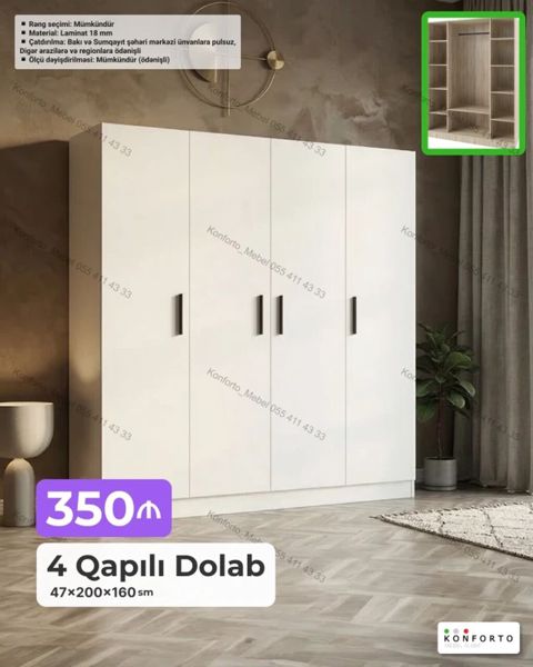 4 qapılı paltar dolabı – 47×200×160 sm - Material: 18 mm laminat — Bakı