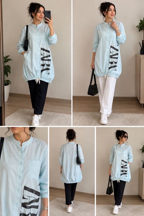 Açıq mavi rəngdə uzun düyməli köynək-tunika - Model: rahat kəsimli — Bakı