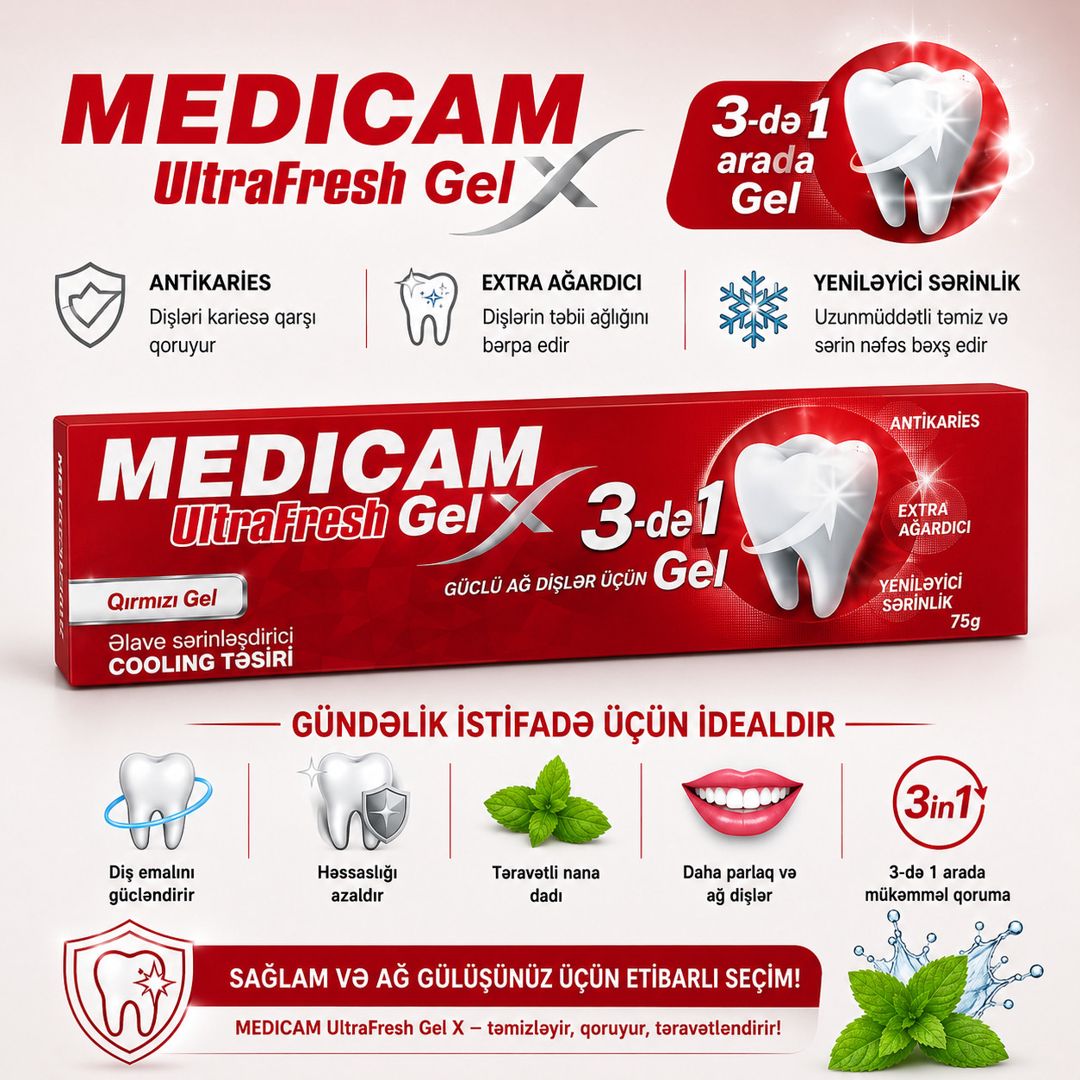 Diş geli Medicam UltraFresh Gel X 3in1 Red, 75 q — Mallar, Bakı