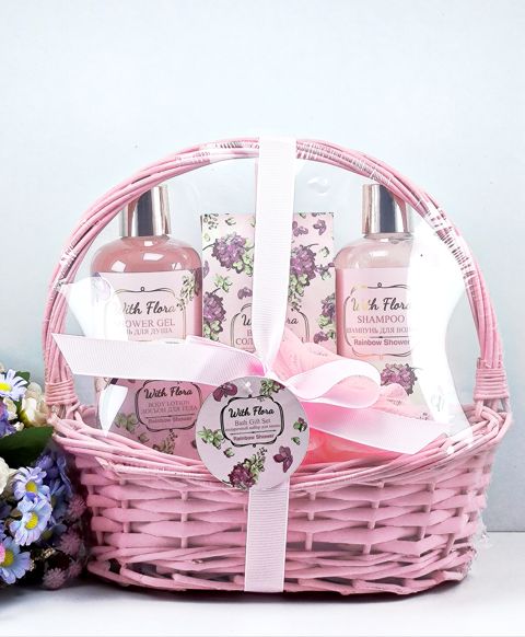 Bədən üçün kosmetika dəsti With Flora (Duş geli + Şampun + Bədən üçün losyon + Vanna üçün duz + Lif) — Bakı