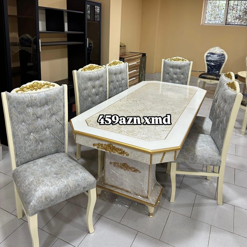 Yemək otağı dəsti – masa və 6 ədəd stul - Üslub: klassik, qızılı — Masalar və stullar, Bakı