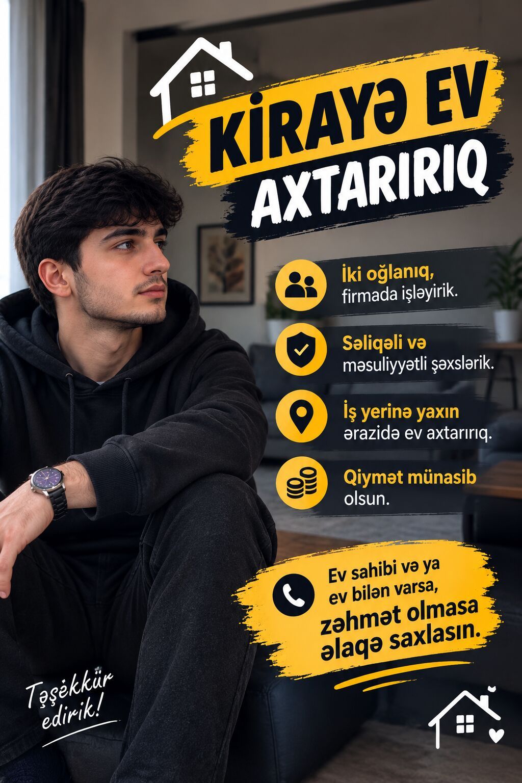 Kirayə ev axtarılır - İki oğlanıq, firmada işləyirik. - Səliqəli və — Ev, villa, Bakı (2)