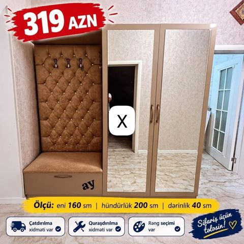 Dəhliz üçün dolab dəsti – paltar asılqanı, oturacaqlı hissə və güzgülü — Bakı