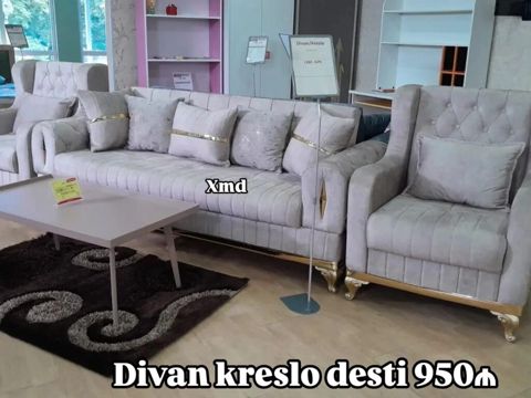 Divan kreslo dəsti – 950₼ Zərif dizaynlı, açıq boz rəng palitrasında — Bakı