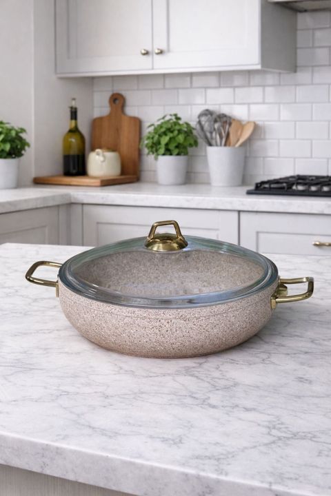 Tava, 2 qulp, krem rəng, granit, yanmaz yapışmaz, 30 sm, keyfiyyətinə tam zəmanət - TW-RZ622 — Bakı