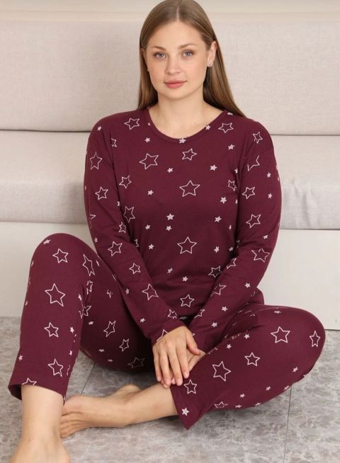 Qadın pijama dəsti – bənövşəyi/bordo rəng, ulduz naxışlı - 2 parçadan — Gəncə