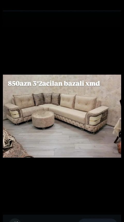 Künc divan dəsti – 3×2 ölçüdə, açılan və bazalı model. - Dizayn: Bej — Bakı