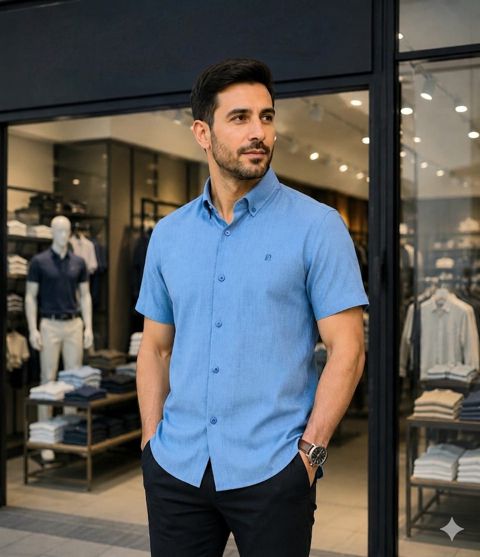 Kişilər üçün qısaqol köynək 2366839, mavi, kətan, ölçü M — Bakı