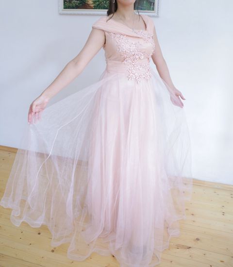 Zərif pudra rəngində uzun ziyafət/libas. - Model: A-kəsim, yerə qədər — Bakı