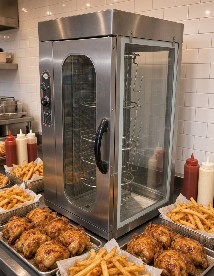 Elektrikli toyuq rotisserie sobası və qızartma vitrini — Bakı