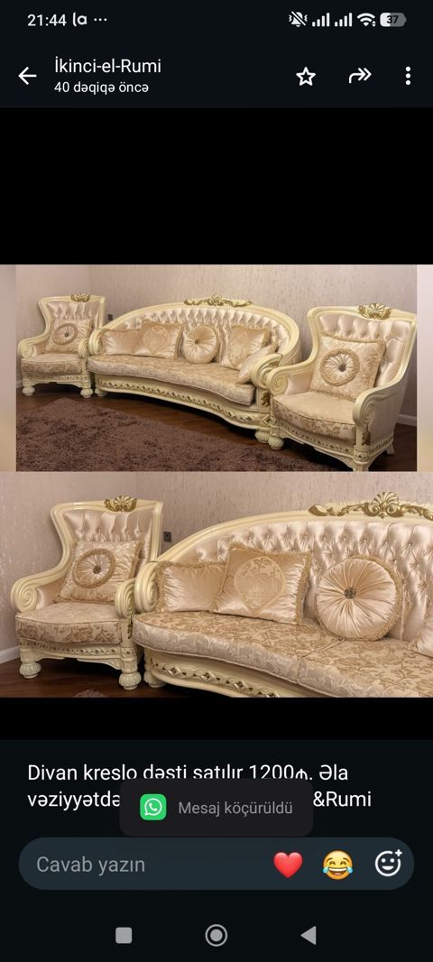 Divan kreslo dəsti satılır 1200₼. Əla vəziyyətdədir. Ünvan: Sumqayıt — Bakı