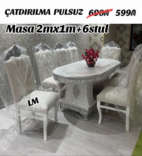 Masa dəsti – 2 m x 1 m ölçülü masa + 6 stul - Klassik üslubda, oyma — 599 ₼ · Mehdiabad · Masalar və stullar Masa dəsti – 2 m x 1 m ölçülü masa + 6 stul - Klassik üslubda, oyma — Mehdiabad