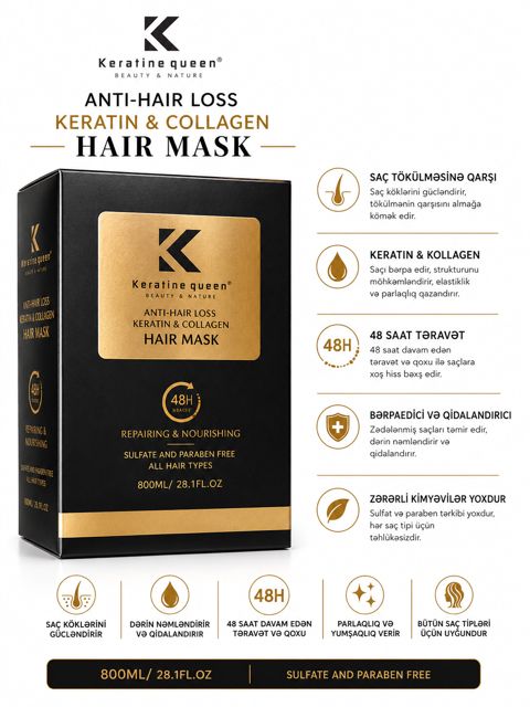 Saç maskası Keratine Queen Anti-Hair Loss Keratin & Collagen Hair Mask, 800 ml — Bakı