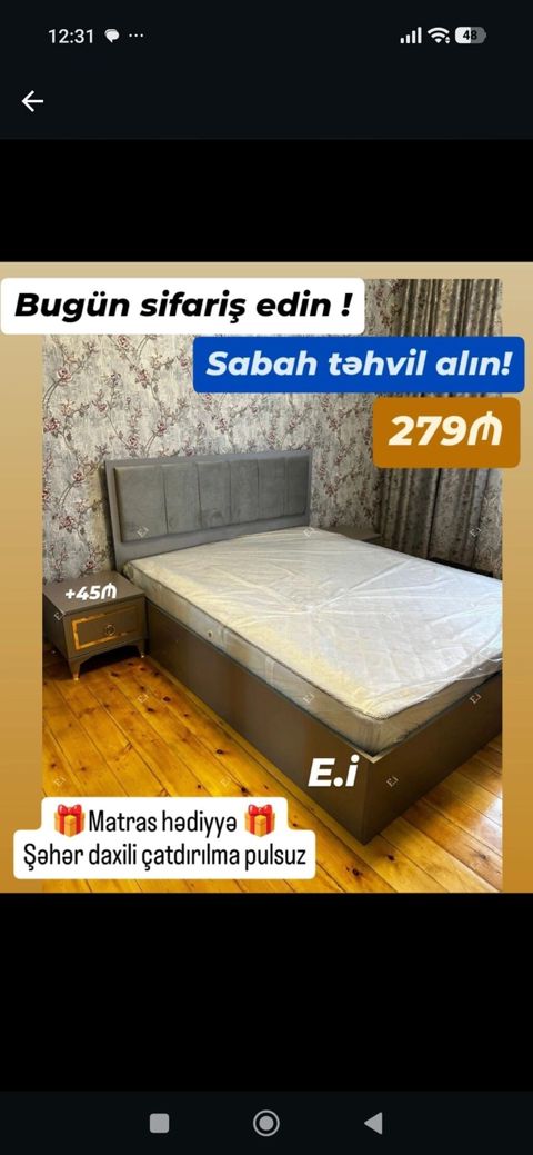 Məhsul: Yumşaq başlıqlı iki nəfərlik çarpayı + matrass hədiyyə — Bakı