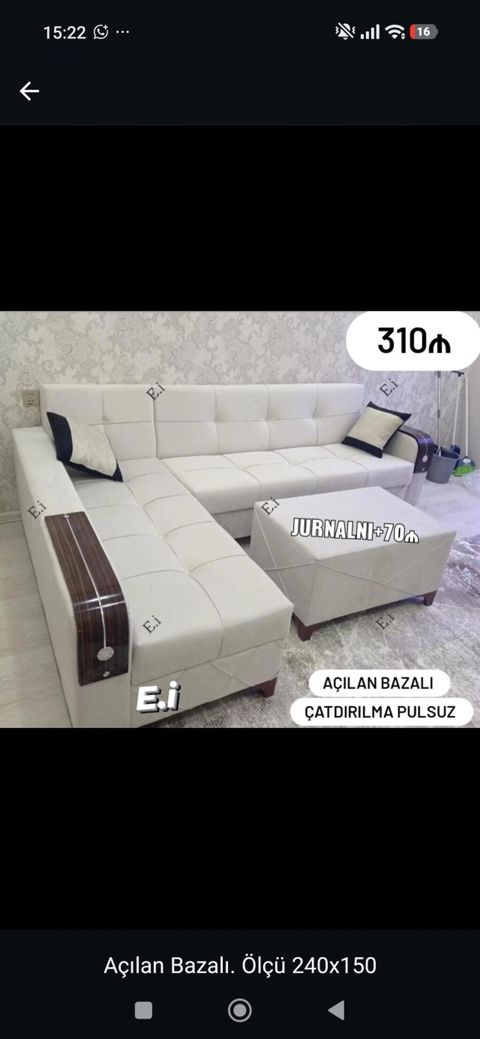 Açılan-bazalı L formalı divan dəsti - Ölçü: 240 x 150 sm - Rəng: ağ — Bakı