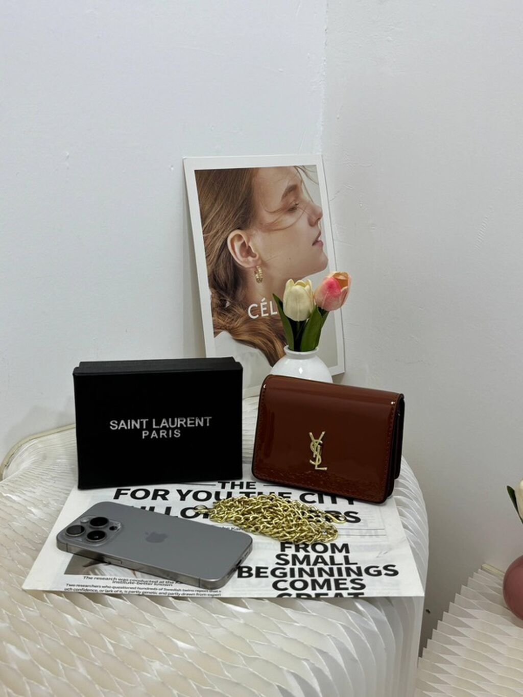 Saint Laurent zəncirli mini çantalar – YSL loqolu, patent (parlaq) — Çantalar, çamadanlar, cüzdanlar, Xırdalan (4)