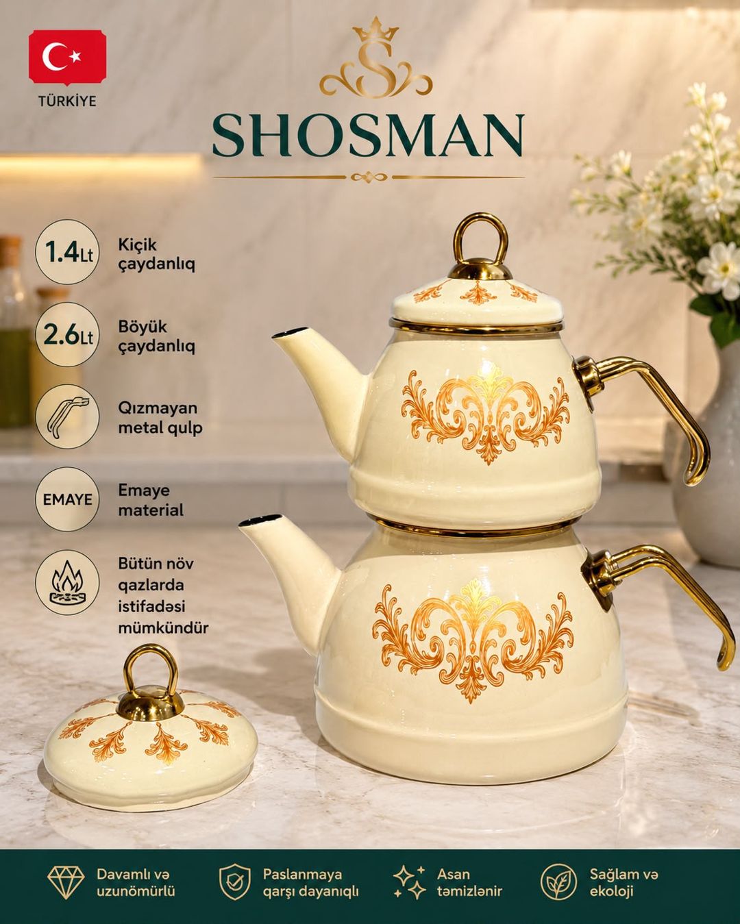 Çaydan dəsti Shosman PH015, 1400/2600 ml, mina/paslanmayan polad, bej — Mallar, Bakı