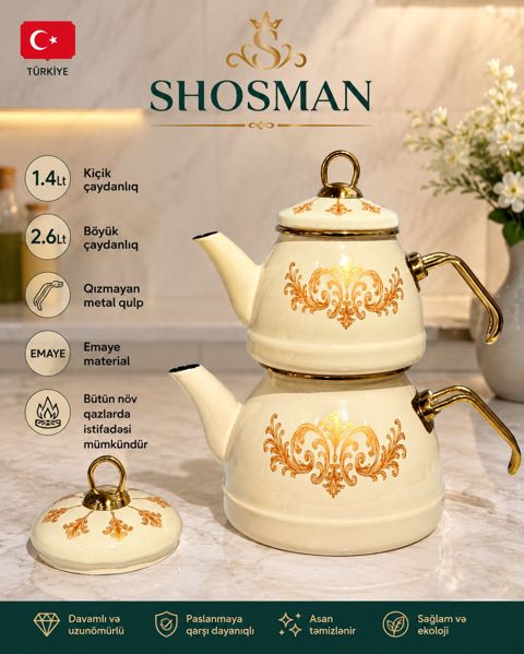 Çaydan dəsti Shosman PH015, 1400/2600 ml, mina/paslanmayan polad, bej — Bakı